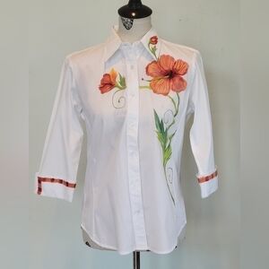 Wearable Art shirt.  Devon & Jones white shirt, with painted hibiscus flower Med